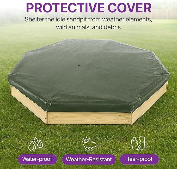 Plum Wooden Large Sandbox with Cover - Outdoor Octagon Sand Box for Kids, Toddler Sensory Toys, Outdoor Wooden Sand Pit with Seat Boards and Bottom Liner, Weatherproof, Easy Assembly, Ages 3+ Years