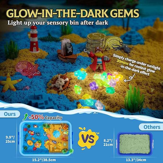 Pirate Treasure Chest Sensory Bin,Play Sand Kit for Boys with Pirate Accessories,2.2lbs Sand,Glow in The Dark Gems and Map,Pretend Play Adventure Sensory Toys for Toddlers Kids Ages 3 4 5 6 7 8