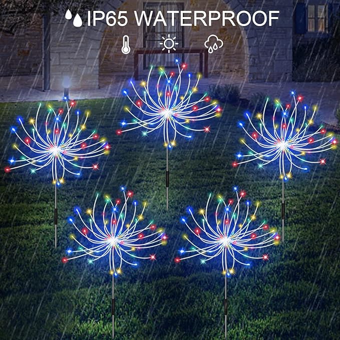 Solar Firework Lights, Garden Light 5 Pack 120 LED Remote Control Solar Decorative Light, Waterproof Stake Landscape Lights with 8 Flashing Modes, for Garden Pathway Courtyards Decor(Colorful)