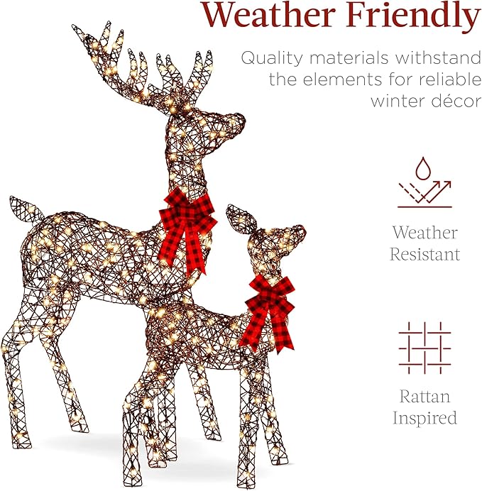 Best Choice Products 3-Piece Large Lighted Christmas Deer Family Set 5Ft Outdoor Yard Decoration with 360 LED Lights, Stakes, Zip Ties - Rattan