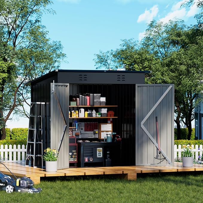 COMHOMA Shed Outdoor Storage Shed Metal,Lockable Doors Tool Sheds with Sloping Roof,Steel Garden Shed with Air Vent for Backyard,Patio,Lawn,Poolside (Grey, 6'*4')