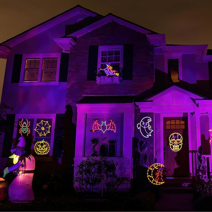 Halloween decorations16 Halloween Window Silhouette Lights Decorations - 4 Pack Colour Lighted Witch ＆ Bat ＆ Skull Head ＆ Cat on Moon for Holiday Indoor and Outdoor Wall Door Window Decorate