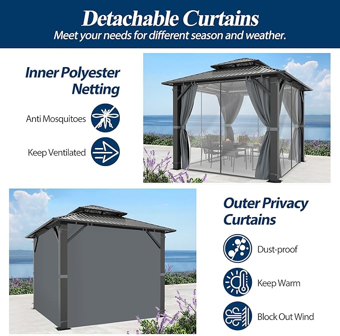 COVERONICS 8.5' x 8.5' Outdoor Hardtop Gazebo - Aluminum Heavy-Duty Double Roof Vented Gazebo with Breathable Netting & Privacy Curtains for Patio, Porch, Garden, Lawn