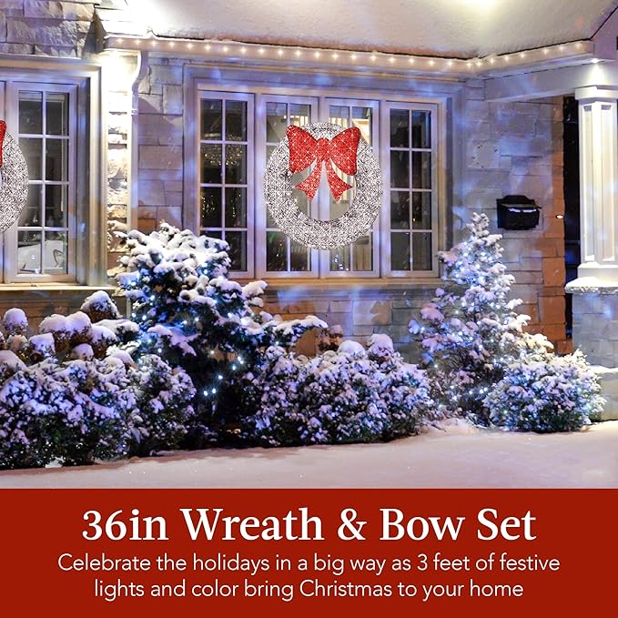 Best Choice Products 36in Pre-Lit Outdoor Christmas Wreath Decoration, LED Metal Holiday Decor for Home w/ 120 Lights, Bow - Silver/Red