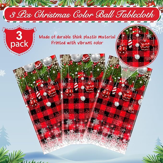 3Pcs Christmas Buffalo Plaid Snowflake Tablecloths,Plastic Red and Black Checkered Rectangle Christmas Tree Color Ball Table Cover for Winter Xmas New Year Holiday Party Decorations,54x108 inch