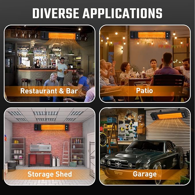 Infrared 1500W Patio Heater with Remote, ETL Certified, Wall Mounted Carbon Fiber Energy Efficient Heater, IP65 Weather Resistant for Patio, Backyard, Garage, and Decks, Black