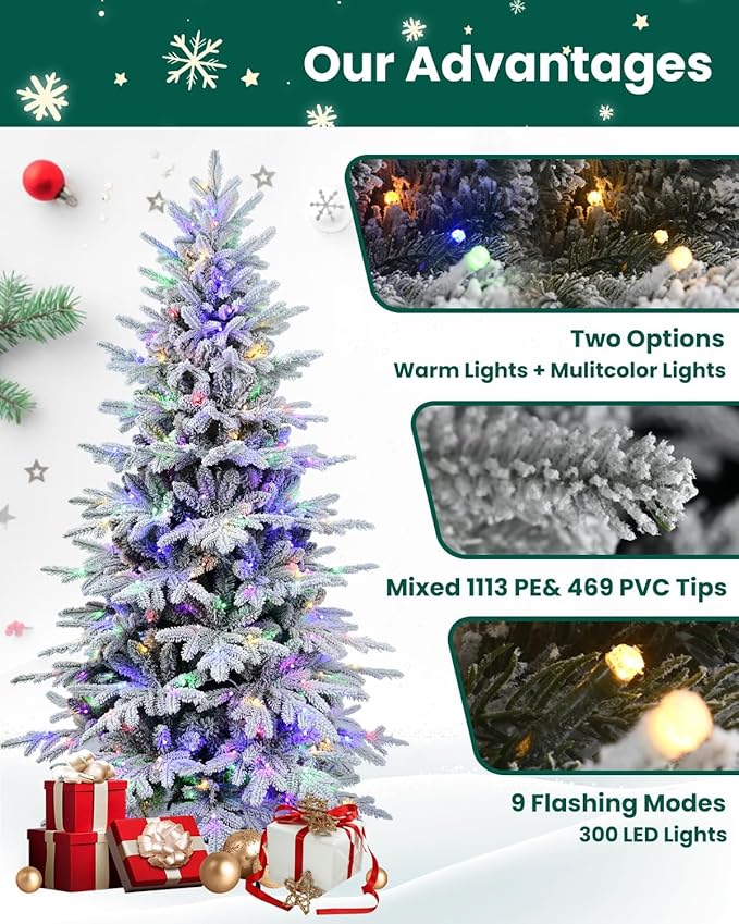 6ft Flocked Christmas Tree Prelit, Slim Artificial Christmas Tree with 300 Warm White & Multicolor Twinkle Lights,1582 PE & PVC Mixed Branch Tips for Home Office Store, Holiday Decoration