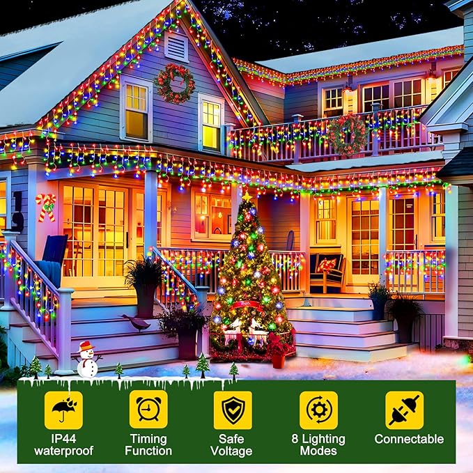 SAUIRS 2Pack 320 LED Christmas Lights Outdoor Decorations with 120 Drops Timer 8Mode 66FT Curtaing Lights Waterproof Plug in Fairy Lights for Indoor,Xmas,Party,Patio,Window,Trees Decor(Multicolor)