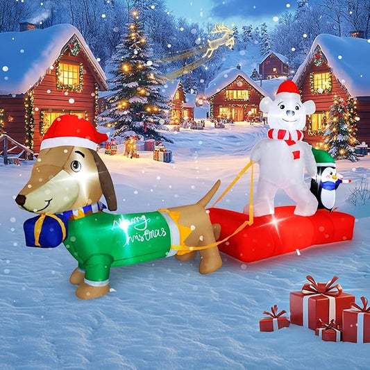 8FT Christmas Inflatable Outdoor Lighted Polar Bear & Penguins Carrying Dog Sleigh Decor, Sleigh-Riding Bear with a Candy Cane-Holding Penguin Yard Decor for Xmas Holiday, for Him, Her