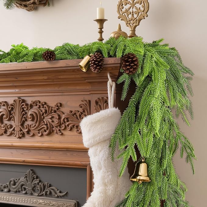 9FT Artificial Norfolk Pine Garland, Realistic Real Touch Christmas Garland, Faux Fake Greenery Garlands for Table, Mantle, Window, Stairs, Fireplace, Outdoor Indoor Christmas Decorations(1Pcs)