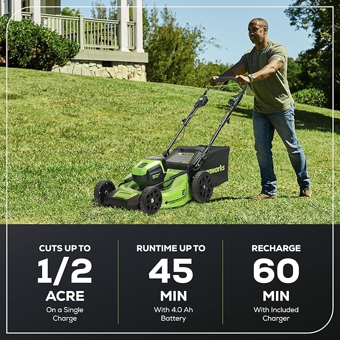 Greenworks 80V 21" Brushless Cordless (Self-Propelled) Lawn Mower (75+ Compatible Tools), 4.0Ah Battery and 60 Minute Rapid Charger Included