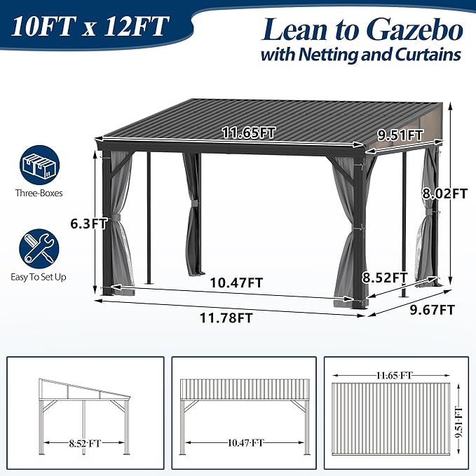 COVERONICS 10' X 12' Outdoor Lean to Gazebo - Wall-Mounted Aluminum Frame Gazebo with Slope Metal Roof, Patio Heavy-Duty Lean to Pergola with Netting & Curtains for Garden, Backyard, Deck