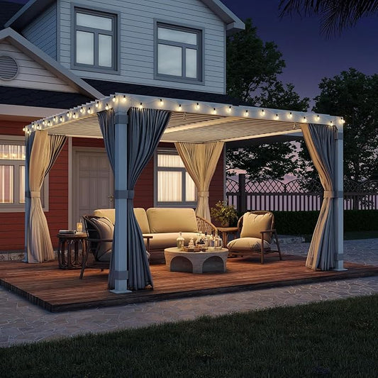 EROMMY Louvered Pergola 10' x 10' Outdoor Hard Top Pergola with Aluminum Frame and Adjustable Metal Rainproof Roof for Garden & Patio, Curtains and Netting Included, White
