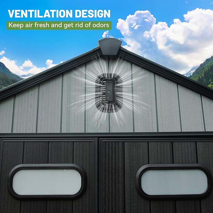 8X12FT Outdoor Resin Storage Shed Waterproof, Waterproof Plastic Garden Shed with Lockable Door, Windows & Vents, Outside Tool Storage Shed for Patio Furniture, Lawn Mower