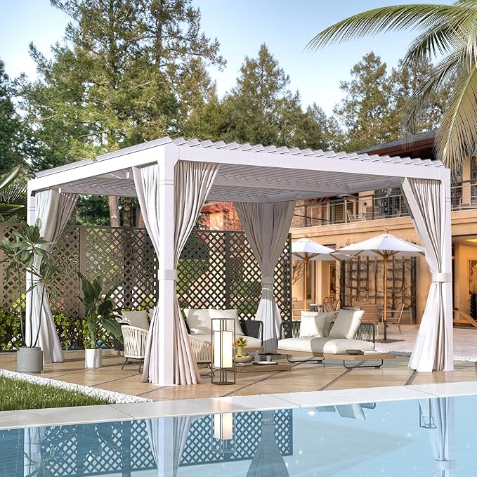 EROMMY Louvered Pergola 12' x 12' Outdoor Hard Top Pergola with Aluminum Frame and Adjustable Metal Rainproof Roof for Garden & Patio, Curtains and Netting Included, White