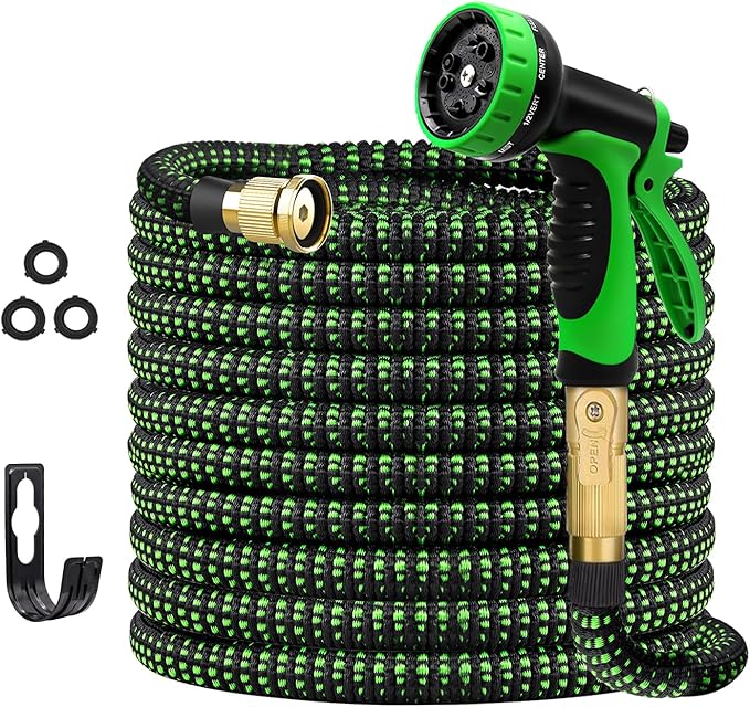Expandable Garden Hose 50 FT, Water Hose with 10-Function High-Pressure Spray Nozzle, Heavy Duty Flexible Hose, 3/4 Solid Brass Fitting
