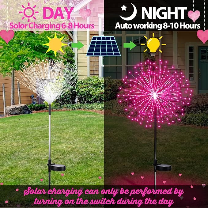 6 Pack Pink Christmas Solar Firework Lights 180 LED 8 Lighting Modes Waterproof Outdoor Decorative Solar Lights for Xmas Wedding Valentine Birthday Garden Patio Yard Pathway Walkway Lawn Decor