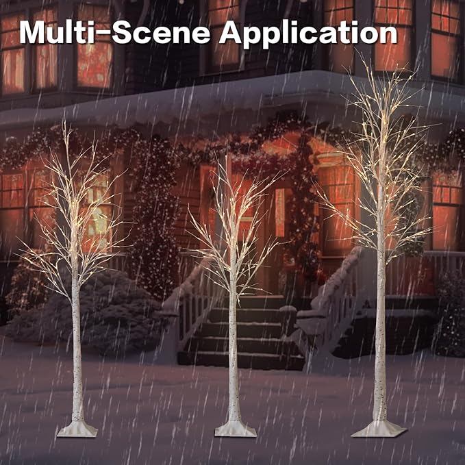 Garsing Lighted Birch Tree Set of 5ft, 6ft and 8ft, Lights Artificial Christmas Tree for Home, Festival, Party and Holiday Decoration, Indoor and Outdoor Use (3 Pack, Warm White)