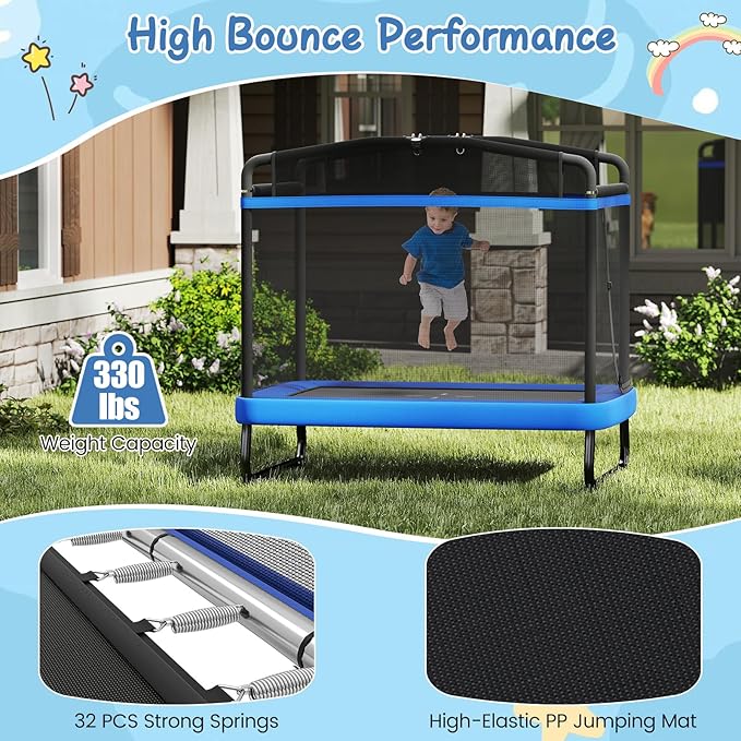 Goplus 6 x 4 FT Rectangle Trampoline for Kids, Indoor Outdoor Toddler Trampoline with Swing, Gymnastics Bar & Safety Enclosure Net, ASTM Approved Gift for Children Boys Girls