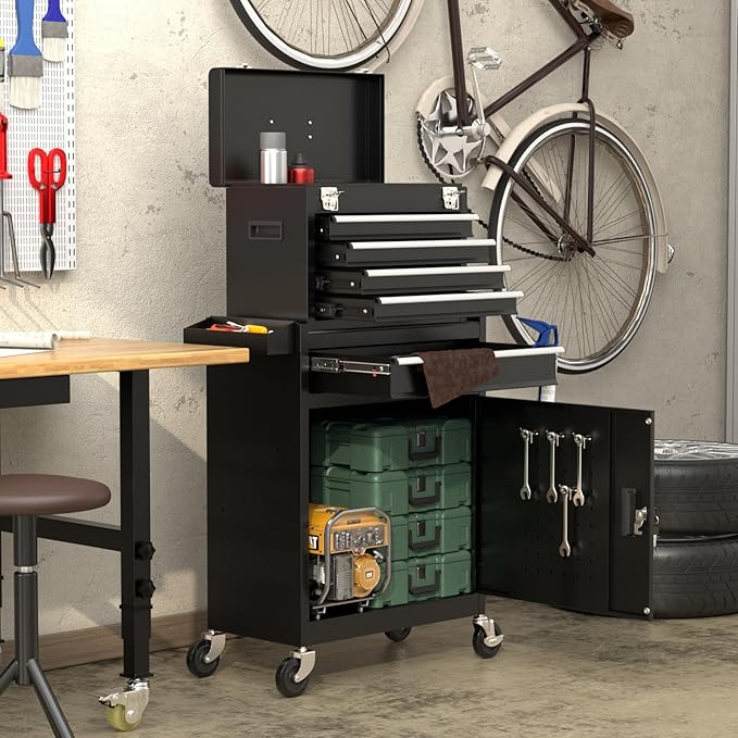5-Drawers Garage Tool Chest, Large Capacity Tool Cabinet Heavy Duty Mechanic Rolling Tool Box Metal Locking Tool Cart with Drawers and Wheels for Storage