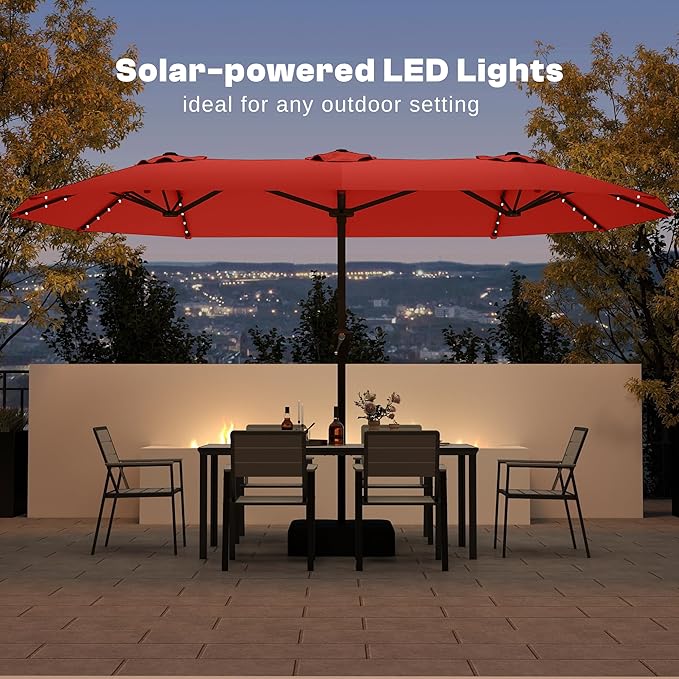 13FT Double-Sided Patio Umbrella with 48 Solar LED Lights, Large Rectangular Outdoor Market Umbrella with Crank Handle, Vented Canopy, Heavy-Duty 12 Rib Steel Frame, for Backyard, Garden, Pool, Orange