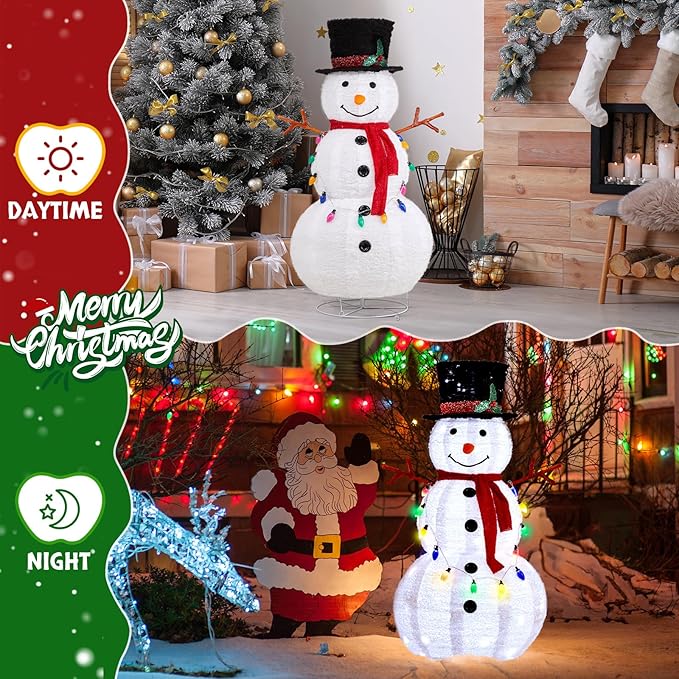 VINGLI 4FT Pop up Snowman Christmas Decorations, Outdoor Snowman Lighted with Tall Hat, Cute Branch Hands for Xmas, Snowman Ornaments with Pre-lit Lights Decor for Indoor Yard Lawn Porch, Plug in