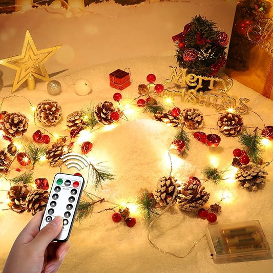 Christmas Garland with String Lights 10 Ft 30 LED Pine Cone Red Berry Bells Garland Lights, Indoor Christmas Decorations for Home and Fireplace Mantel Decor,Christmas Tree Decor (Yellow)