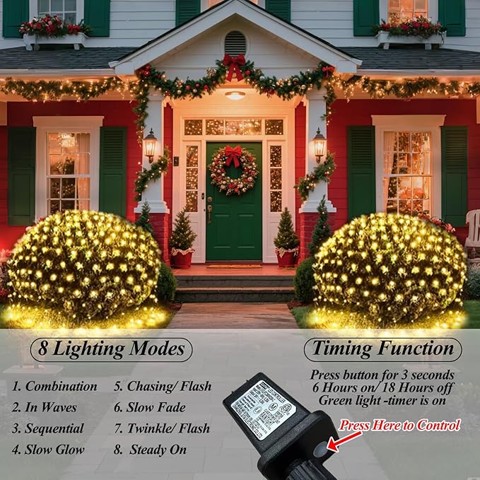 300LED Net Lights, 14.8ft x 5ft 8 Modes Connectable Christmas Outdoor String Mesh Lights, Waterproof Decorative Fairy Light Plug in for Xmas Tree Bushes Holiday Garden Wedding Party - Warm White