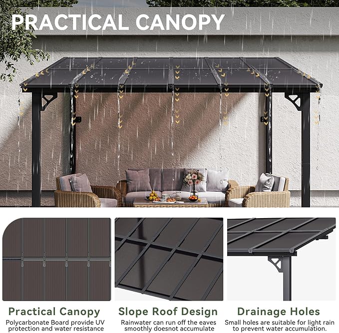 Aoxun 10' x 12' Gazebo for Patio, Gazebo Pergola with Sloped Roof, Large Wall-Mounted Heavy Duty Awnings, for Backyard, Deck, Patio