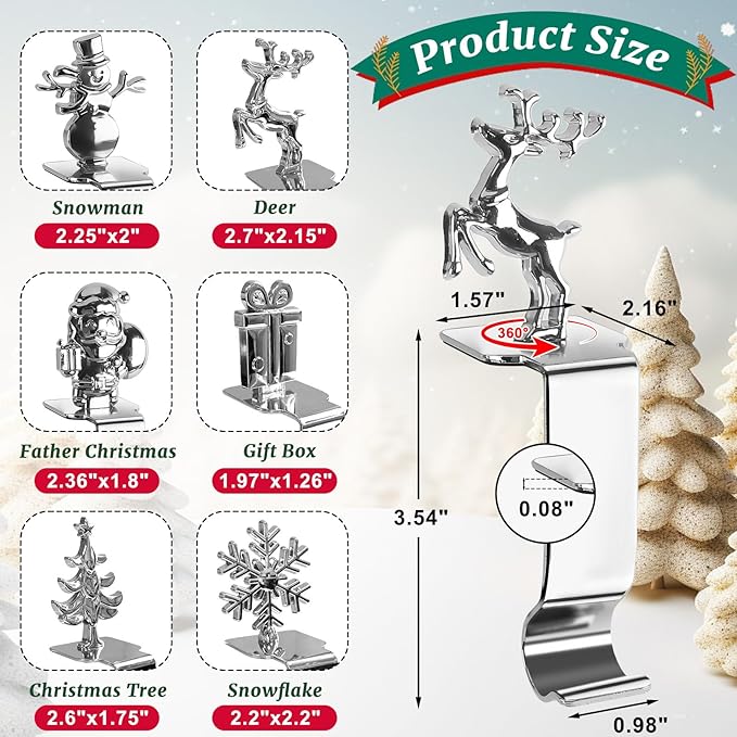 cyrico Christmas Stocking Holders for Mantle, Set of 6, Sturdy Metal Stocking Hangers for Mantel, Cute Lightweight Silver Xmas Mantle Hooks for Fireplace Window Counter Christmas Party Decoration