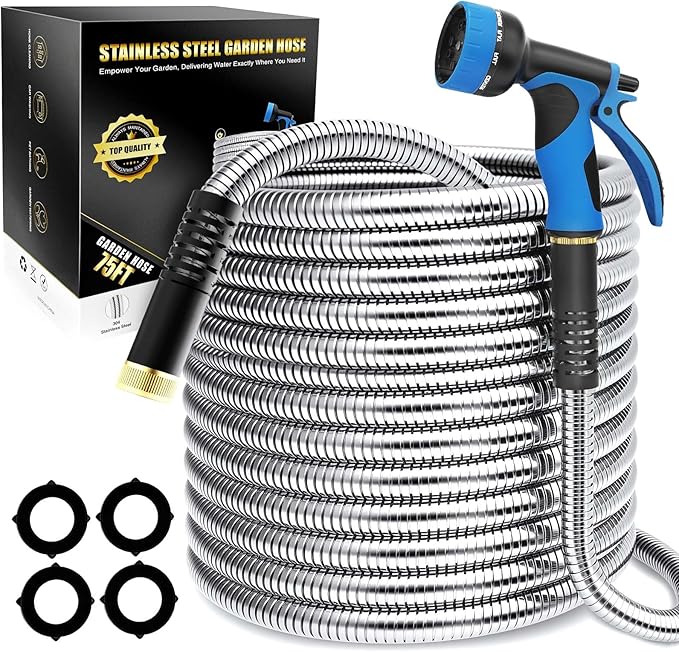 Lefree 75ft Metal Garden Hose - Heavy Duty 304 Stainless Steel Flexible Water Hose, No Kinks & Leak-Proof with Upgraded Handle, 10-Function Spray Nozzle & 4 Spare Gaskets for Yard, RV, Pet Bath