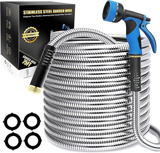 Lefree 75ft Metal Garden Hose - Heavy Duty 304 Stainless Steel Flexible Water Hose, No Kinks & Leak-Proof with Upgraded Handle, 10-Function Spray Nozzle & 4 Spare Gaskets for Yard, RV, Pet Bath