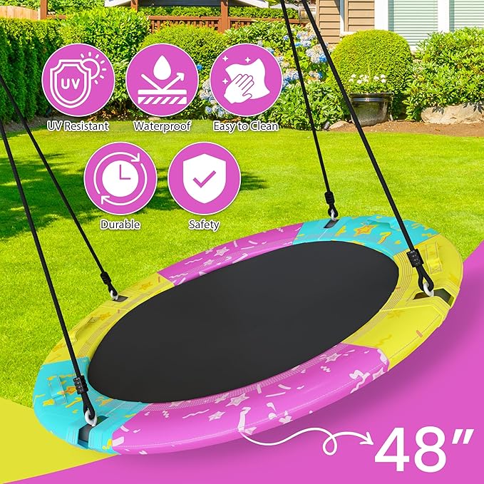 Tree Swing, 43'' / 48'' Saucer Swing for Kids and Adults, ASTM Approved Swing Sets with 900lbs Weight Capacity, Backyard Or Playground, Waterproof and UV-Resistant Mat, Adjustable Hanging Straps