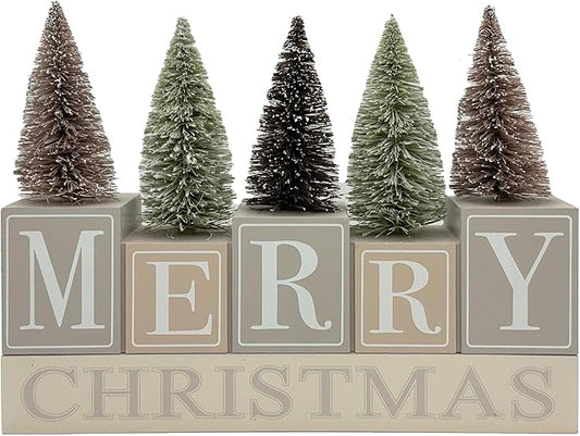 Christmas Decorations for Home Farmhouse Merry Christmas Tree Decor Wooden Winter Rustic Sign Vintage Holiday Tabletop Block for Kitchen Xmas Party Mantel Tiered Tray Gift