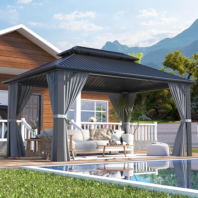 10x14 FT Gazebo Hardtop Gazebo, Aluminum Pergola with Double Galvanized Steel Roof, Curtains and Netting Included, Outdoor Gazebos Canopy for Patio, Backyard, Deck, Lawn,Grey