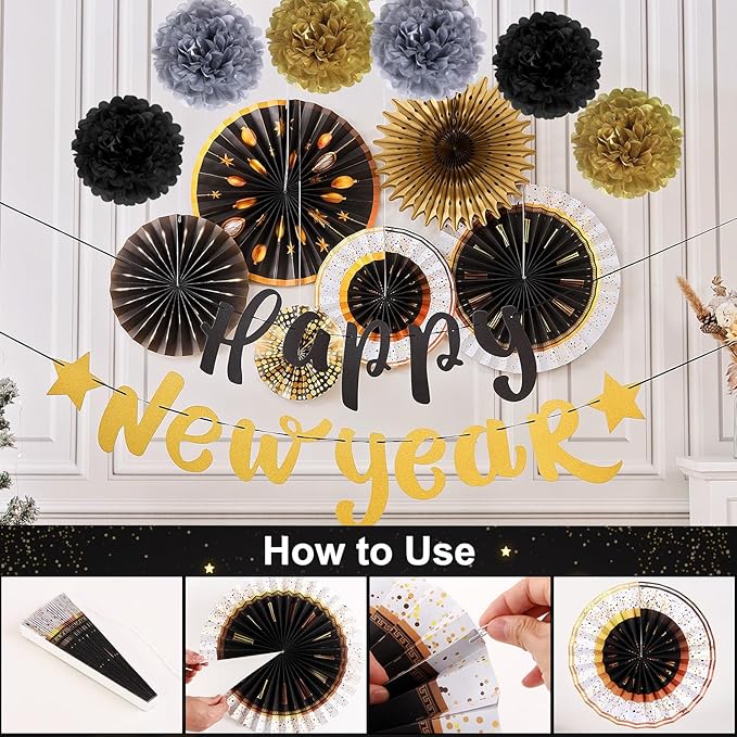 14 Pcs 2026 New Years Eve Party Supplies, with Pre-strung Happy New Year Banner, Hanging Paper Fans 2026 New Years Eve Decorations, Black and Gold Hanging Decor for Happy New Year Party
