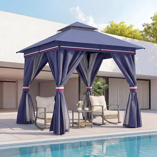 LAUSAINT HOME 8x8ft Outdoor Patio Gazebo with Double Roof, Heavy Duty Waterproof Gazebo Canopy Tent with Mosquito Netting for Backyard, Garden, Lawn & Wedding, Classic Blue