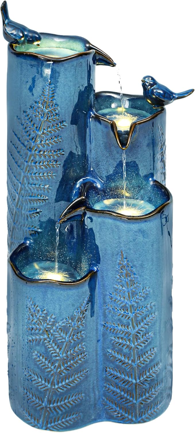 Autodaya 32" Tall Outdoor Fountain, Ceramic Vase Water Fountain withs Lights, 4-Tier Waterfalls with Birds, Tranquil Oasis for Garden Patio Yard Deck Balcony Decor, Tropical Fern, Turquoise Glaze