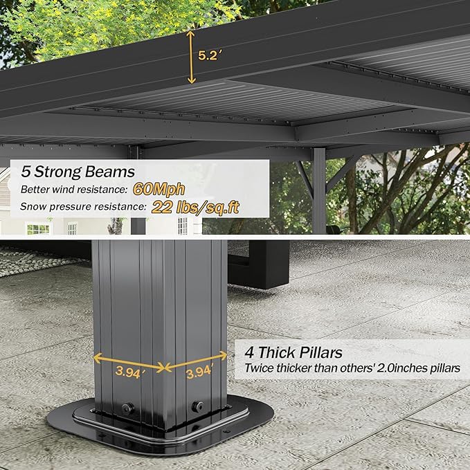Domi 12'x20' Hardtop Lean to Gazebo with Gutters, Connectable Wall Mounted Gazebo Pergola with Galvanized Steel Roof, 60MPH Wind Resistance, Outdoor Large Metal Canopy, for Patio, Deck, Lawn - Grey