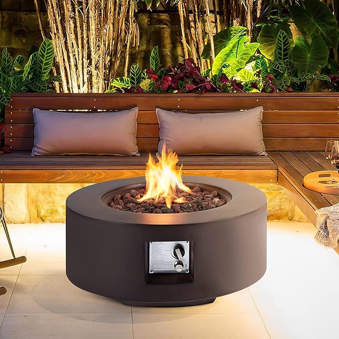 ECOTOUGE Propane Fire Pit Table, Outdoor Gas Fire Pit, 30''Auto-Ignition Round Steel Fire Table, 50,000 BTU Concrete fire Pit w/Weather-Resistant Pit Cover, No Tank Holder, Brown