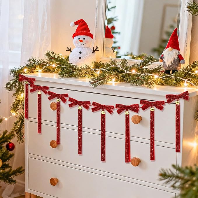 Christmas Velvet Bow Garland Banner with Bells, Glitter Red Ribbon Bows Christmas Jingle Bell Garland Bow Banner Xmas Ornaments for Mantel Fireplace Table Wall Staircase Office Home Xmas Tree Decor