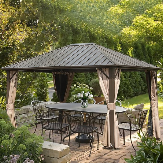 Domi 10’ x 12’ Hardtop Gazebo Canopy Outdoor Aluminum Gazebo, Galvanized Steel Single Roof with Curtains and Netting for Deck, Backyard, Patio, Garden