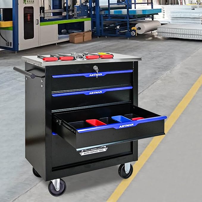 RYH 4/5/6/7 Drawers Rolling Tool Chest -Heavy Duty Mobile Metal Tool Box with Locking Wheels, with Stainless Steel Worktop, Garage Tool Storage Cabinet (Black-Blue, 4-Drawers 30.7 H¡¿25.9 W)