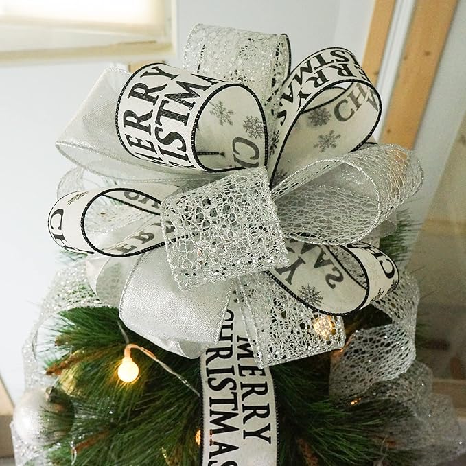 CT CRAFT LLC Silver with Black Christmas Christmas Tree Topper Bow 11" with 4 Ribbon Streamers x 3 Yards Long Each for Holidy Elegant Fancy Home Décor Indoor