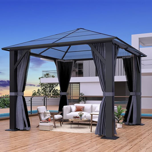 GARTOO 9.5'x9.5' Outdoor Hardtop Gazebo, Patio Gazebo with Translucent Roof, Polycarbonate Top Metal Frame Garden Tent with Breathable Mesh and Privacy Curtains for Patio Lawn Garden Backyard, Gray