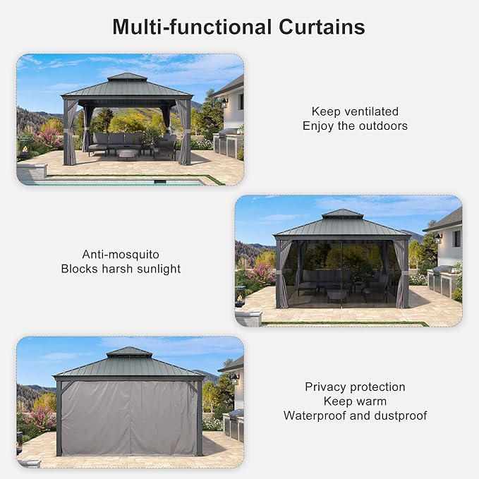 PURPLE LEAF 13' X 13' Gazebo with Light Galvanized Steel Hardtop Roof Patio Gazebo for Outdoor Lawn and Garden Permanent Pavilion Grey