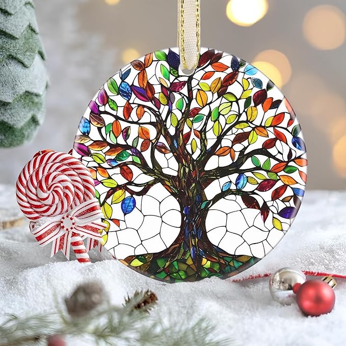 Christmas Ornaments, 3.5 Inch Ceramic Tree of Life Hanging Ornament, Christmas Tree Ornaments, Gifts for Mom, Xmas Gifts, Unique Gift Idea, Perfect for Holiday Party, Tree, Window, Wall Decor