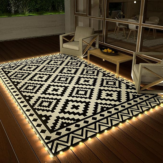 HAUSHOF 5'X8' Outdoor Rug Waterproof with LED Strip Light, Reversible Outdoor Plastic Straw Rug, Patio Rug with 4 Rug Stakes, Outdoor Carpet Mat for RV, Camping, Beach, Porch, Balcony, Black&White