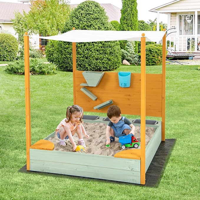 Costzon Kids Sandbox with Sand Wall, Wooden Sandpit w/Removable Canopy, Water Bucket, Storage Bins, 2 Corner Seats & Bottom Liner, Outdoor Sand Box for Kids Aged 3-8 (Backyard, Garden & Beach)