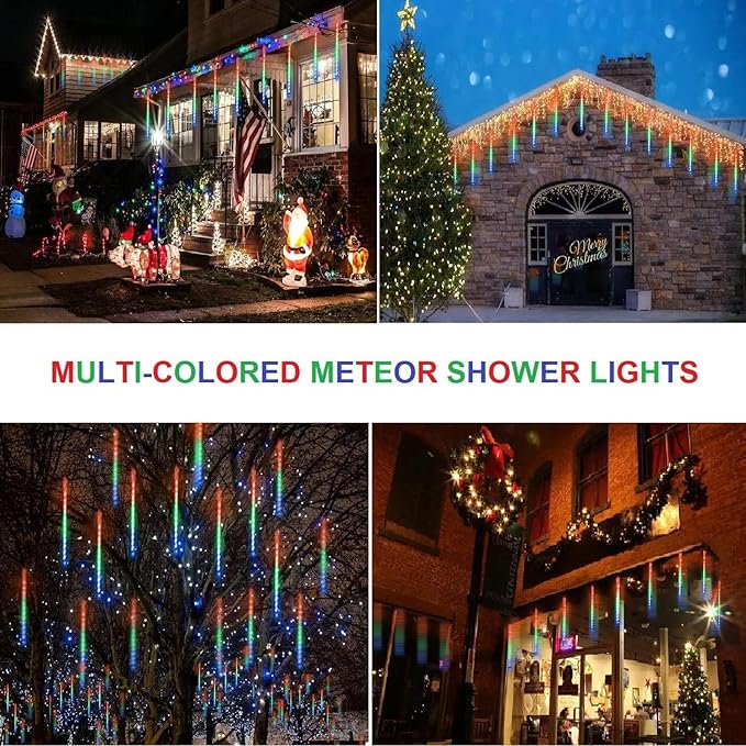 2 Pack Christmas Decorations Lights Outdoor, Extendable Meteor Shower Lights with Timer, Total 384LED 30cm 16 Tubes Indoor Outdoor Snow Cascading String Light for Xmas Party Yard Decor (Multi-Colored)